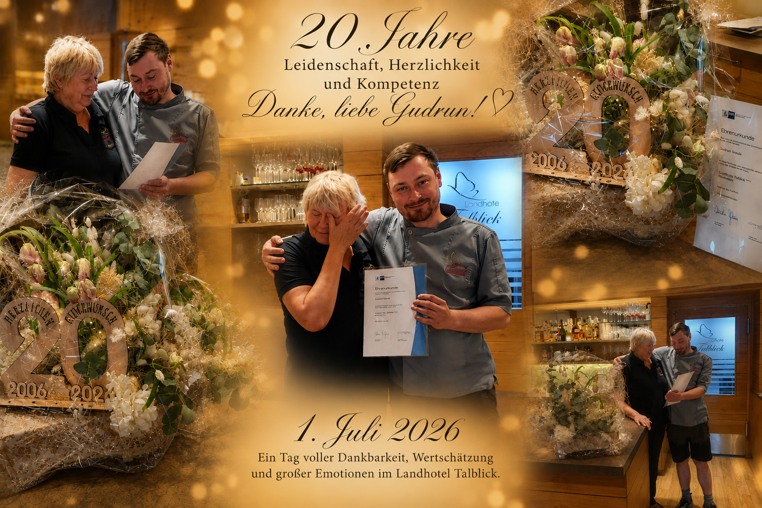20 Jahre Spa-Leiterin Gudrun Greule im Landhotel Talblick Juniorchef Dennis Stoll überreicht Spa-Leiterin Gudrun Greule anlässlich ihres 20-jährigen Betriebsjubiläums im Landhotel Talblick in Neuweiler die Ehrenurkunde der IHK Nordschwarzwald.